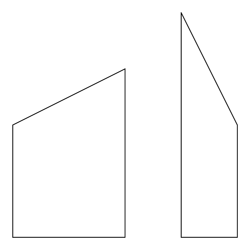 Two pieces of wood with vertical sides and tops cut on an angle