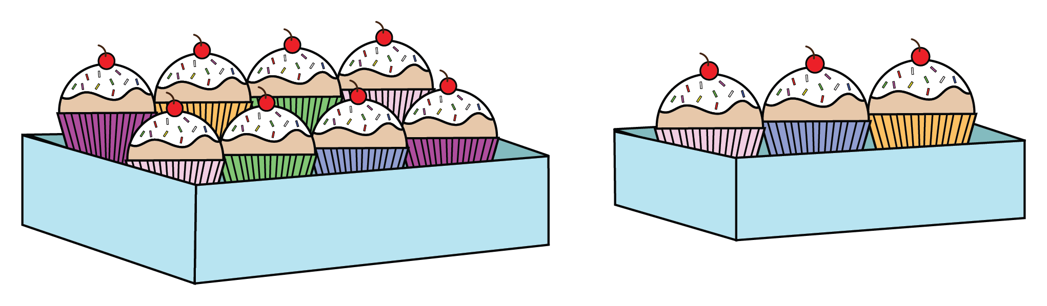 A regular box holding eight cupcakes beside a small box holding three cupcakes