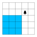 The 5-by-5 yard for Sample Input 1 with the tree marked and a 3-by-3 square highlighted