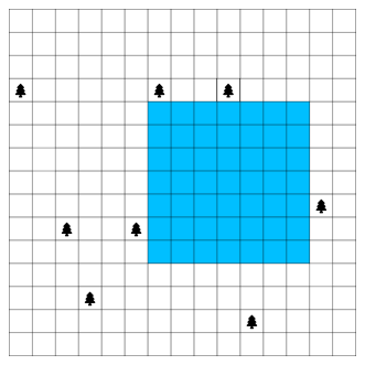 The 15-by-15 yard for Sample Input 2 with the eight trees marked and a 7-by-7 square highlighted
