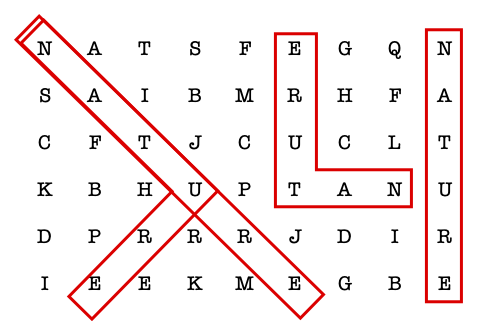 The NATURE grid with the four hidden occurrences outlined in red