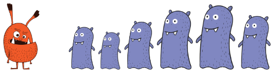 Dusa facing a line of Yobis of varying sizes