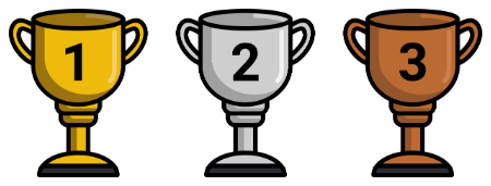 Gold, silver, and bronze trophies numbered 1, 2, and 3