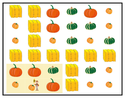 The pumpkin patch for Sample Input 1, with the farmer's reachable area highlighted