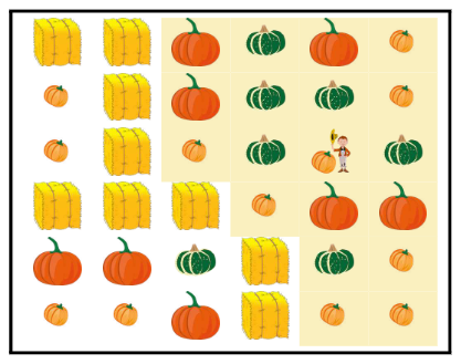 The pumpkin patch for Sample Input 2, with the farmer's reachable area highlighted