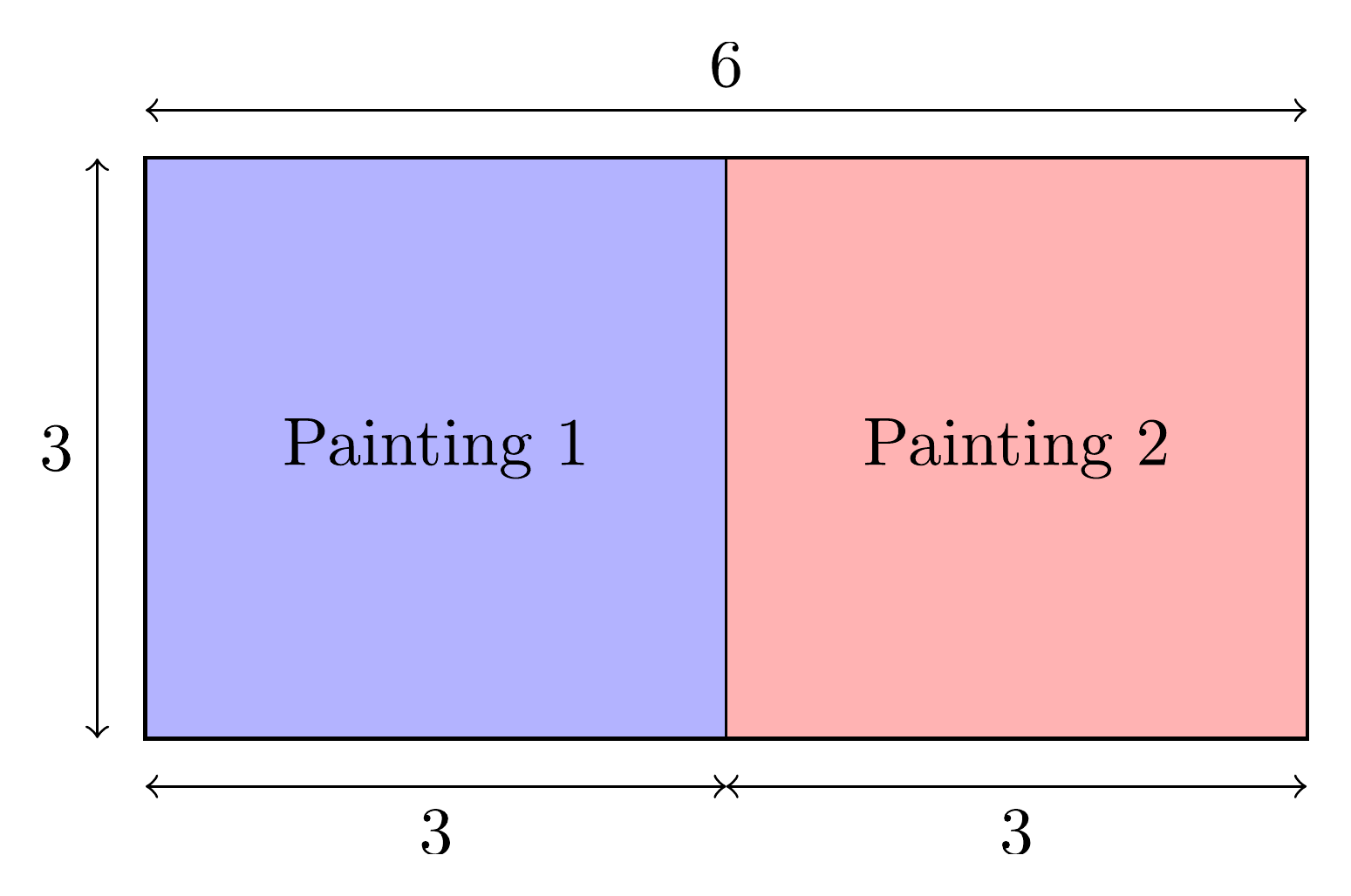 Two 3-by-3 paintings side by side on a 6-by-3 wall