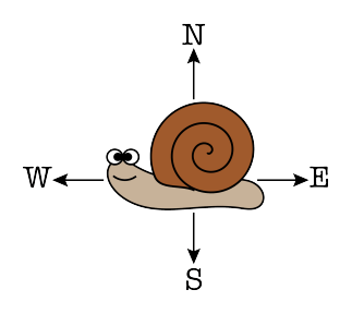 Compass showing north, east, south and west around the snail