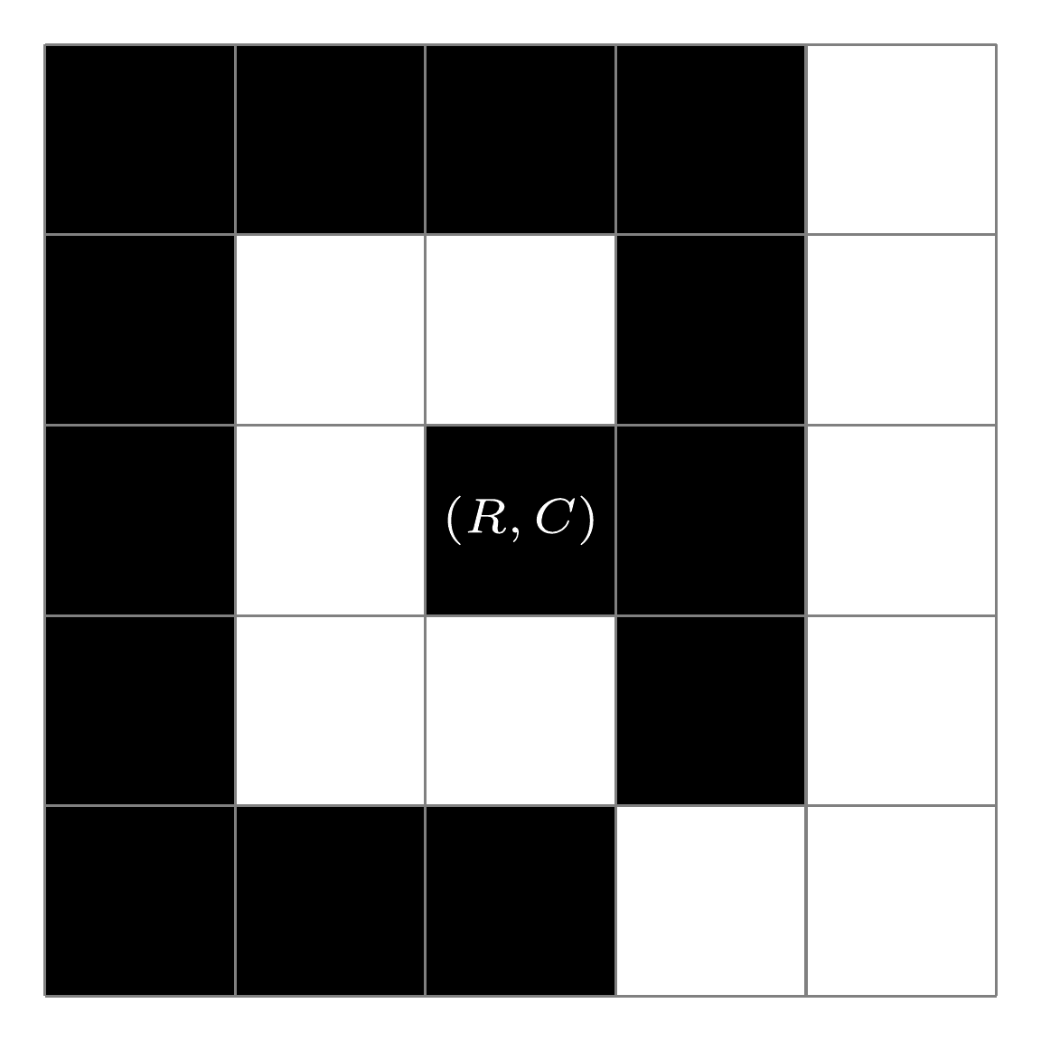 A valid connected fence on a 5 by 5 grid that encloses no inside cells